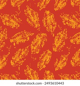 Set of leaves seamless repeat pattern. Random placed, vector botany elements hand drawn all over surface print on sage green and beige background.