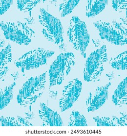 Set of leaves seamless repeat pattern. Random placed, vector botany elements hand drawn all over surface print on sage green and beige background.