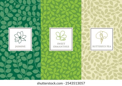 Set of leaves seamless repeat pattern. Random placed, vector botany elements hand drawn all over surface print on sage green and beige background.