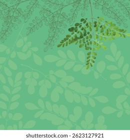 Set of leaves seamless repeat pattern. Random placed, vector botany elements hand drawn all over surface print on sage green and beige background.