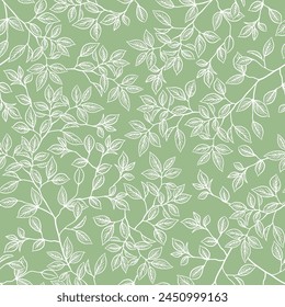 Set of leaves seamless repeating patterns. Randomly placed vector forest branches hand drawn throughout the print on a sage green and beige background.