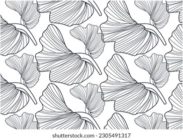 Set of leaves silhouette of beautiful plants,plant design.ginkgo leaves and branches of grass for design, black and white contours on a white background.