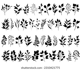 Set of Leaves Silhouette, Tree Branches, Flowers