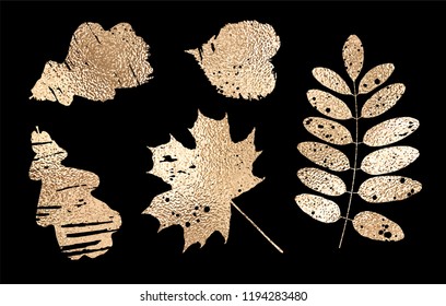 Set of leaves silhouettes with faux gold texture. Vector illustration isolated on black background.