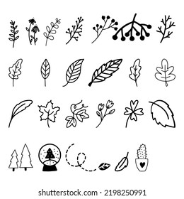 set of leaves and tree trunk icons. white background. simple design.