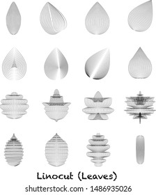 Set of leaves vector element in linocut effect style. Black and white leaf icons natural set on white background. Graphic design design elements. Vector illustration. 