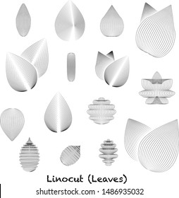 Set of leaves vector element in linocut effect style. Black and white leaf icons natural set on white background. Graphic design design elements. Vector illustration. 
