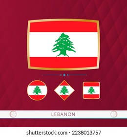 Set of Lebanon flags with gold frame for use at sporting events on a burgundy abstract background. Vector collection of flags.