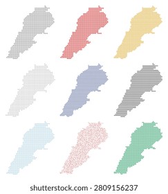 Set of lebanon map illustrations using dotted linear crossed starry square texture motifs isolated on white background flat vector design.
