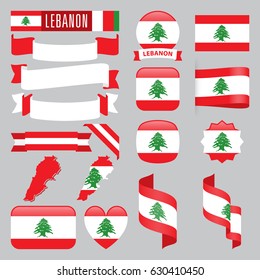 Set of Lebanon maps, flags, ribbons, icons and buttons with different shapes.