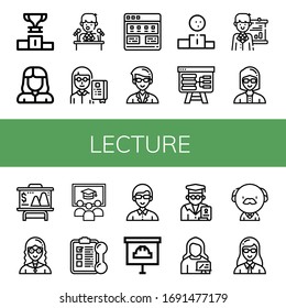 Set of lecture icons. Such as Podium, Teacher, Press conference, Professor, Tutorial, Presentation, Class, Training , lecture icons