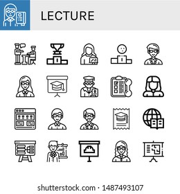 Set of lecture icons such as Professor, Presentation, Podium, Teacher, Blackboard, Training, Tutorial, Instructor, College, Encyclopedia 