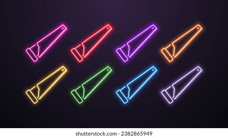 A set of LED glowing neon hand saw icons in different colors on a dark background.