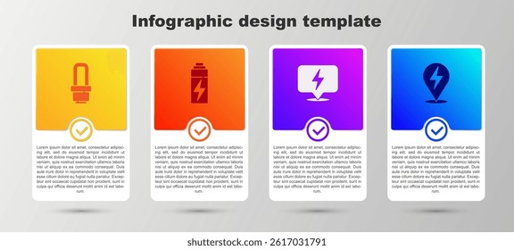 Set LED light bulb, Battery, Lightning bolt and . Business infographic template. Vector