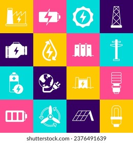 Set LED light bulb, Electric tower, Lightning bolt, Water energy, Check engine, Nuclear power plant and Hydroelectric dam icon. Vector