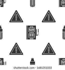 Set LED light bulb, Electrical panel and Exclamation mark in triangle on seamless pattern. Vector