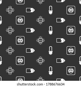 Set LED light bulb, Electrical outlet, Processor with microcircuits CPU and Battery charge level indicator on seamless pattern. Vector