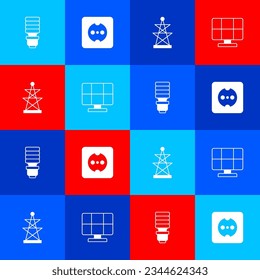 Ajuste la bombilla LED, la toma eléctrica, la torre y el icono del panel de energía solar. Vector