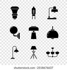 Set LED light bulb, Light emitting diode, Table lamp, Floor, Chandelier, Wall sconce and  icon. Vector