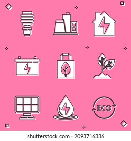 Set LED light bulb, Factory, House and lightning, Car battery, Shopping bag with recycle, Plant, Solar energy panel and Water icon. Vector
