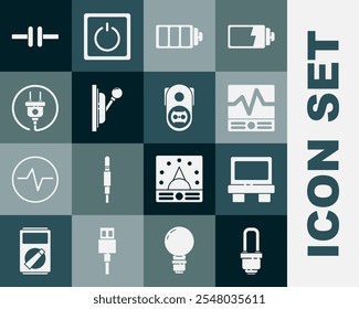 Set LED light bulb, Fuse, Electrical measuring instruments, Battery charge level indicator, panel, plug, circuit scheme and outlet icon. Vector