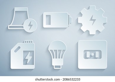 Set LED light bulb, Gear and lightning, Eco fuel canister, Electrical outlet, Battery and Nuclear power plant icon. Vector