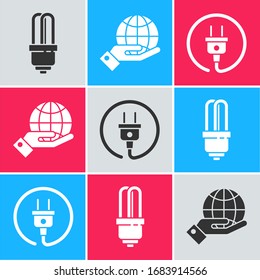Set LED light bulb, Human hands holding Earth globe and Electric plug icon. Vector