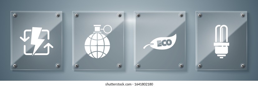 Set LED light bulb, Leaf Eco symbol, Planet earth and a recycling and Recharging. Square glass panels. Vector