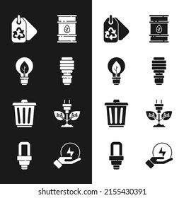 Ponga bombilla LED, Luz con hoja, Reciclaje de etiquetas, Bio barril de combustible, Basura, enchufe de ahorro eléctrico, Rayo e icono. Vector