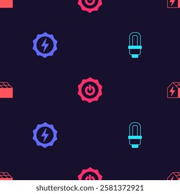 Set LED light bulb, Lightning bolt, Power button and Solar energy panel on seamless pattern. Vector