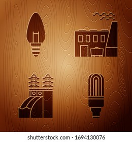 Set LED light bulb, Light bulb, Nuclear power plant and Coal power plant and factory on wooden background. Vector