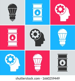 Set LED light bulb, Oil barrel line and Human head with gear inside icon. Vector