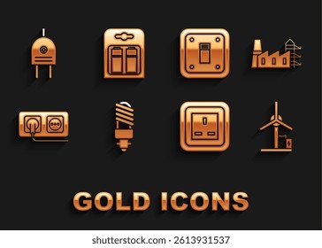 Set LED light bulb, Power station plant and factory, Wind turbine, Electrical outlet, switch, plug and Battery pack icon. Vector