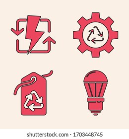 Ajuste la bombilla LED, Recargar, Símbolo de reciclaje y engranaje y Etiqueta con icono de símbolo de reciclaje. Vector