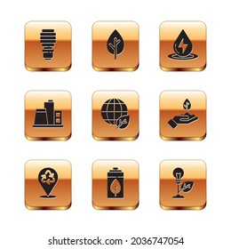 LED-Glühbirne, Recycling, Eco Naturblatt und Batterie, Erdkugel, Fabrik, Wasser Energie, Licht mit und Baum-Symbol. Vektorgrafik