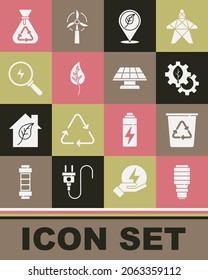 Set LED light bulb, Recycle bin with recycle, Leaf plant gear machine, Location leaf, or leaves, Lightning bolt, Garbage bag and Solar energy panel icon. Vector