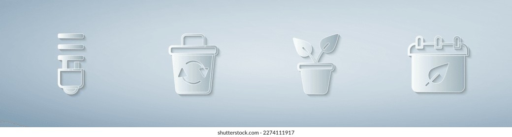 Set LED light bulb, Recycle bin, Plant pot and Calendar with autumn leaves. Paper art style. Vector
