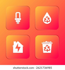 Conjunto de bombilla led, reciclar agua limpia, casa y relámpago y papelera con icono de reciclaje. Vector