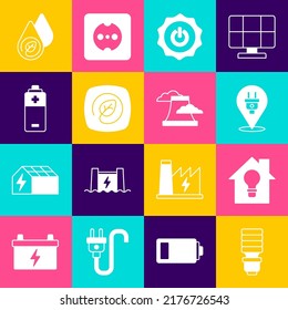 Set LED light bulb, Smart house and, Electric plug, Power button, Location with leaf, Battery, Water energy and Nuclear power plant icon. Vector