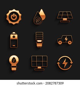 Set LED light bulb, Solar energy panel, Recharging, Electric car, Light with leaf, Battery,  and Power button icon. Vector