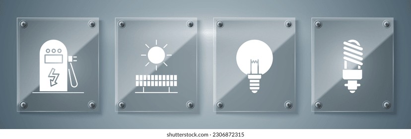 Set LED light bulb, Light bulb, Solar energy panel and sun and Electric car charging station. Square glass panels. Vector