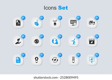 Definir lâmpada LED, Painel de energia solar, Termômetro, Bio combustível, Recicle água limpa, Calendário com folhas de outono, Resíduos radioativos em barril e Terra derretendo para ícone do aquecimento global. Vetor