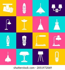 LED-Lampe, Tischlampe, Lampenaufhängung, Fußboden, LED-Spurleuchten und Lampen und Kronleuchter-Symbol eingestellt. Vektorgrafik