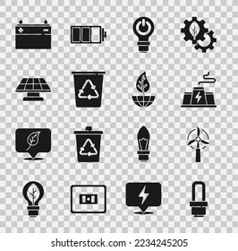 Set LED light bulb, Wind turbine, Power station plant factory, Light with lightning, Recycle recycle, Solar energy panel, Car battery and Earth globe and leaf icon. Vector