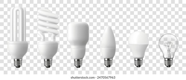 Set of LED light emitting diode energy saving light bulbs, economical light bulb and incandescent light bulb, isolated on transparent background, 3d vector realistic illustration.