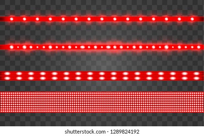 Set LED realistic red ribbon on a transparent background. Neon or led glowing light stripes with glare and light flashes. LED neon Garlands decorations template on a transparent background