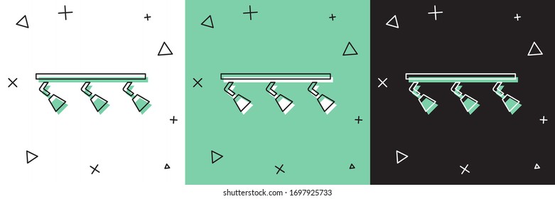 Set Led track lights and lamps with spotlights icon isolated on white and green, black background.  Vector Illustration