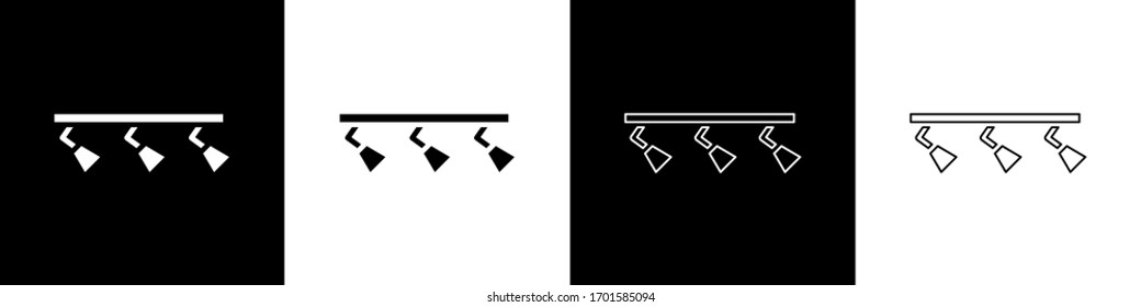 Set Led track lights and lamps with spotlights icon isolated on black and white background.  Vector Illustration