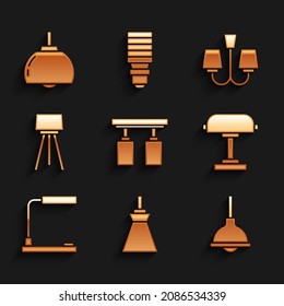 Set Led Track Lichter und Lampen, Lampe Hängeband, Tisch, Boden, Kronleuchter und Symbol. Vektorgrafik