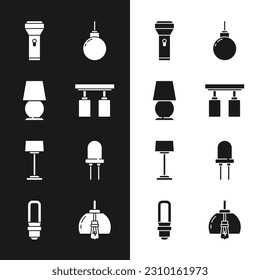 Set Led track lights and lamps, Table, Flashlight, Lamp hanging, Floor, Light emitting diode, Chandelier and LED bulb icon. Vector
